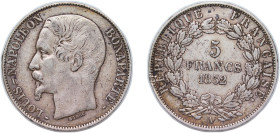 France Second Republic 1852 A 5 Francs - Louis-Napoléon Bonaparte Silver (.900) Paris Mint (3769) 25g VF KM 773.1