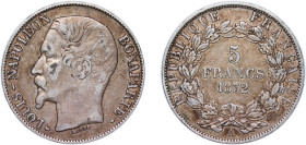 France Second Republic 1852 A 5 Francs - Louis-Napoléon Bonaparte Silver (.900) Paris Mint (3769) 24.9g VF KM 773.1