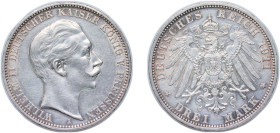 Germany Kingdom of Prussia Second Empire 1911 A 3 Mark - William II Silver (.900) Berlin Mint (3241770) 16.7g AU KM 527 J 103 AKS 131