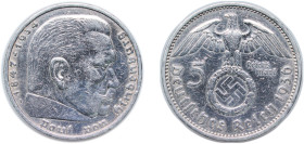 Germany Third Reich 1936 A 5 Reichsmark (Paul von Hindenburg) Silver (.900) Berlin Mint (8429999) 13.8g VF KM 94 AKS 28 J 367 Schön DM 91