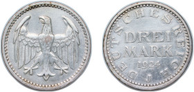 Germany Weimar Republic 1924 J 3 Mark Silver (.500) Hamburg Mint (3676500) 15.2g AU KM 43 AKS 30 J 312 Schön DM 35