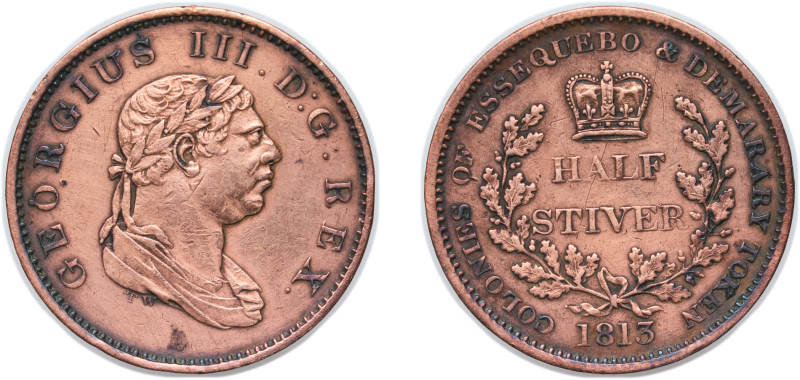 Guyana Demerara and Essequibo British colony 1813 ½ Stiver - George III Copper R...