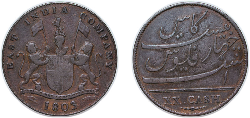 India Madras Presidency East India Company 1803 20 Cash Copper Soho Mint 12.1g V...