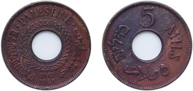 Israel British Palestine British Mandate 1942 5 Mils Bronze Royal Mint (Tower Hill) (2700000) 2.8g AU KM 3a Schön 3a Aharoni 3