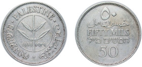 Israel British Palestine British Mandate 1939 50 Mils Silver (.720) Royal Mint (Tower Hill) (3000000) 5.7g VF KM 6 Schön 6 Aharoni 6