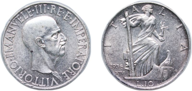 Italy Kingdom 1936 R 10 Lire - Vittorio Emanuele III Silver (.835) Rome Mint (61...