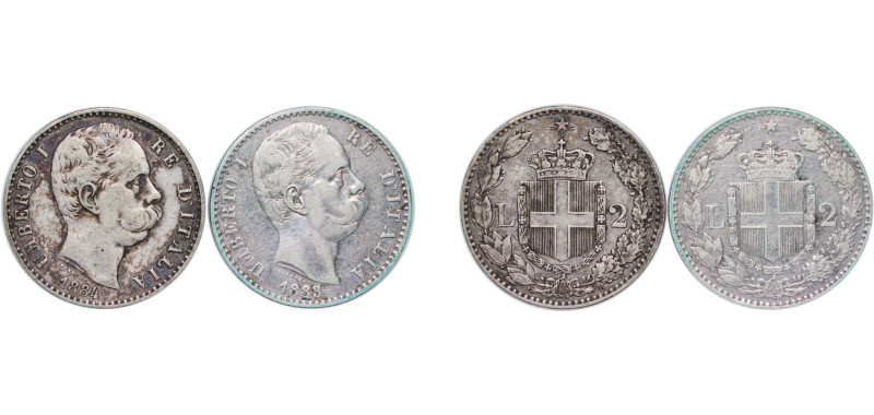 Italy Kingdom 1883 - 1884 R 2 Lire - Umberto I (2 Lots) Silver (.835) Rome Mint ...