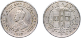 Jamaica British colony 1918 C 1 Penny - George V Copper-nickel Royal Canadian Mint (187000) 9.2g VF KM 26