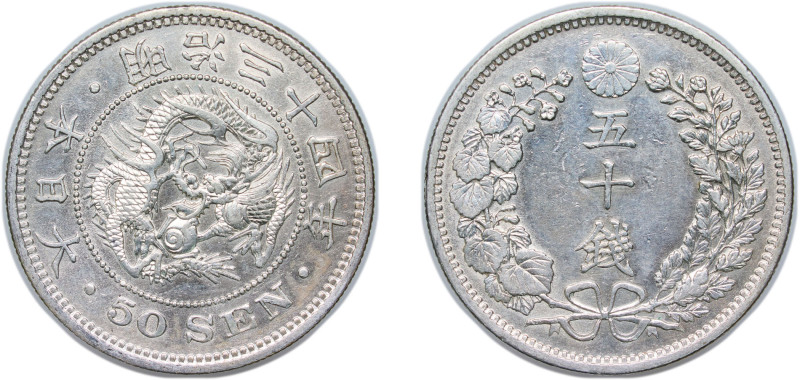 Japan Empire M34 (1901) 年四十三治明 50 Sen - Meiji Silver (.800) (1790000) 13.4g AU Y...