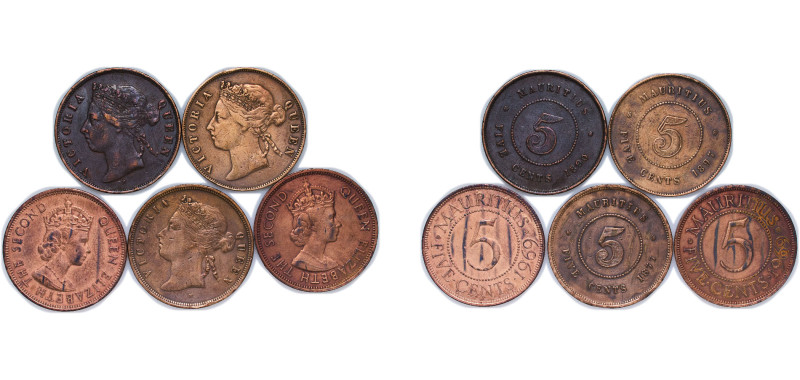 Mauritius British crown colony 1877-1969 5 Cents (5 Lots) Bronze VF