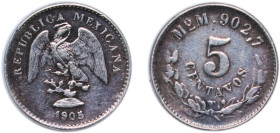 Mexico Federal Republic 1905 Mo M 5 Centavos Silver (.903) Mexico City Mint (344000) 1.4g VF KM 400.2