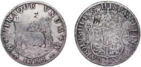 Mexico Spanish colony 1766 Mo MF 8 Reales - Carlos III "正" Silver (.917) Mexico City Mint 26.5g Chopmarked KM 105