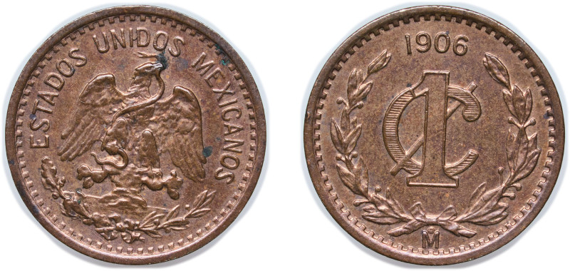 Mexico United Mexican States 1906 Mo 1 Centavo Bronze Mexico City Mint 3g UNC KM...