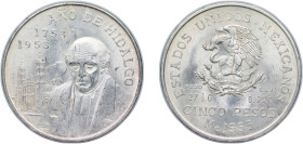 Mexico United Mexican States 1953 Mo 5 Pesos (Bicentennial of Hidalgo's Birth) Silver (.720) Mexico City Mint (1000000) 27.9g UNC KM 468