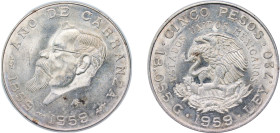 Mexico United Mexican States 1959 Mo 5 Pesos (Centennial of Carranza's Birth) Silver (.720) Mexico City Mint (1000000) 18g UNC KM 471