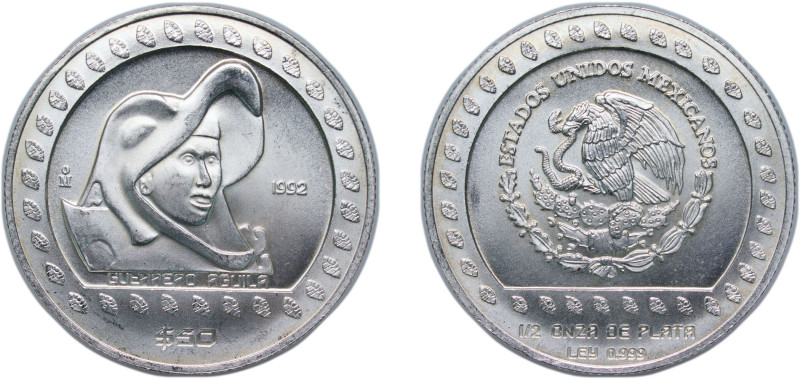 Mexico United Mexican States 1992 Mo 50 Pesos (Guerrero Aguila - 1/2 oz Silver B...