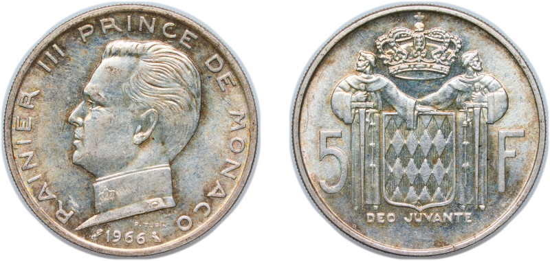 Monaco Principalty 1966 5 Francs - Rainier III Silver (.835) Paris Mint (125000)...