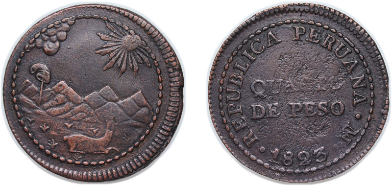 Peru Republic 1823 LIMA ¼ Peso (Provisional Coinage) Copper Lima Mint 7.2g XF KM...