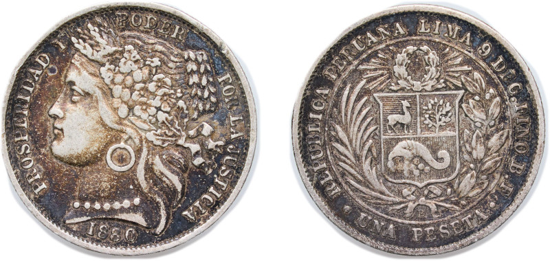 Peru Republic 1880 BF 1 Peseta Silver (.900) 5g VF KM 200