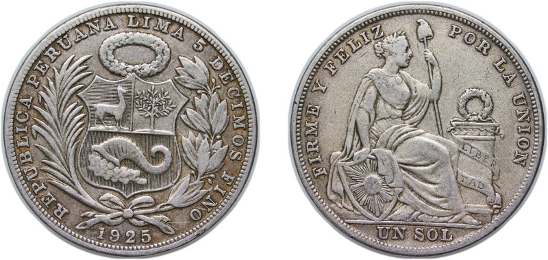 Peru Republic 1925 1 Sol Silver (.500) Philadelphia Mint (1291000) 24.7g VF KM 2...