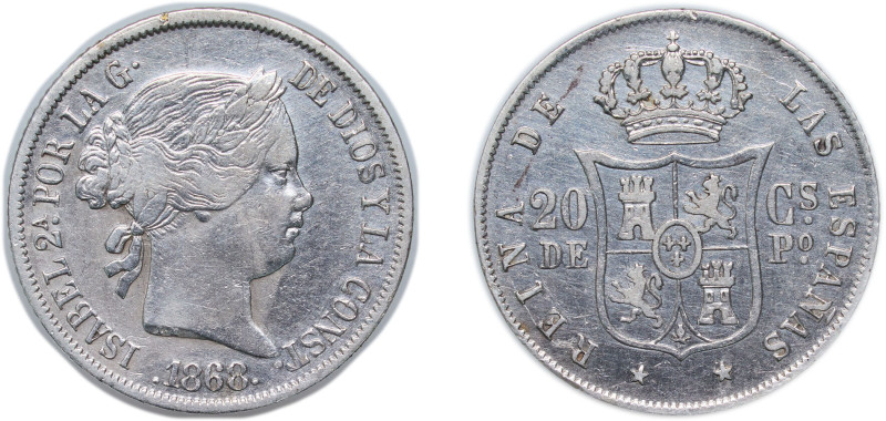 Philippines Spanish colony 1868 20 Centimos - Isabella II Silver (.900) Manila M...