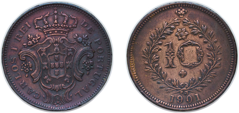 Portugal Azores Kingdom 1901 10 Réis - Carlos I Copper (600000) 9.6g XF KM 17 Go...