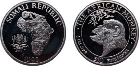 Somalia Republic 1998 10 Dollars (The African Monkey - Profile of Chimpanzee, Fantasy items) Silver (.999) (10000) 31.4g PF X 11