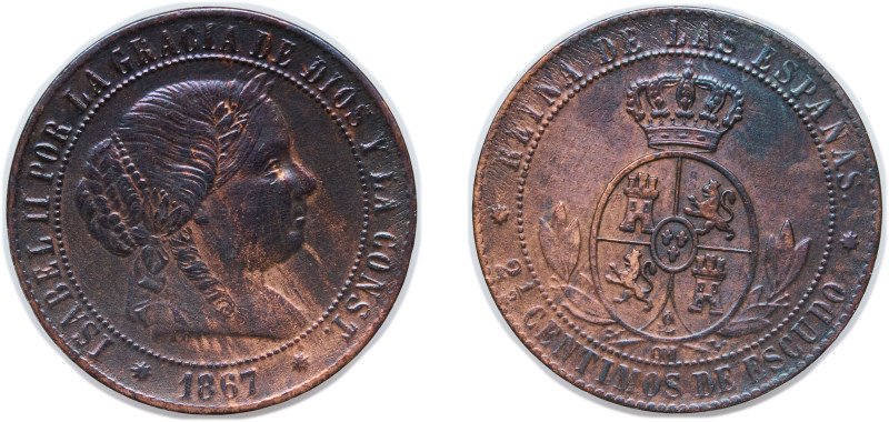 Spain Kingdom 1867 OM 2½ Centimos de Escudo - Isabel II Bronze Barcelona Mint 6....