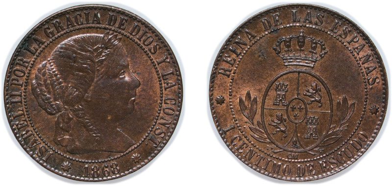 Spain Kingdom 1868 OM 1 Centimo de Escudo - Isabel II Bronze Barcelona Mint 2.5g...