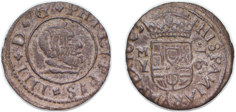 Spain Kingdom 1663 M Y 16 Maravedis - Felipe IV Copper Madrid Mint 3.2g XF KM 17...