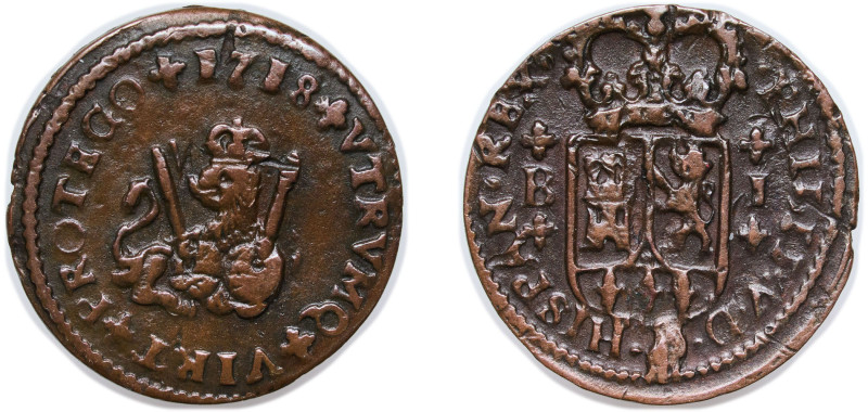 Spain Kingdom 1718 B 1 Maravedi - Felipe V Copper Barcelona Mint 2.2g XF KM 301....