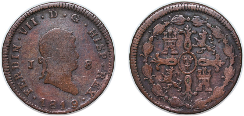 Spain Kingdom 1819 J 8 Maravedis - Fernando VII (2nd portrait) Copper Jubia Mint...