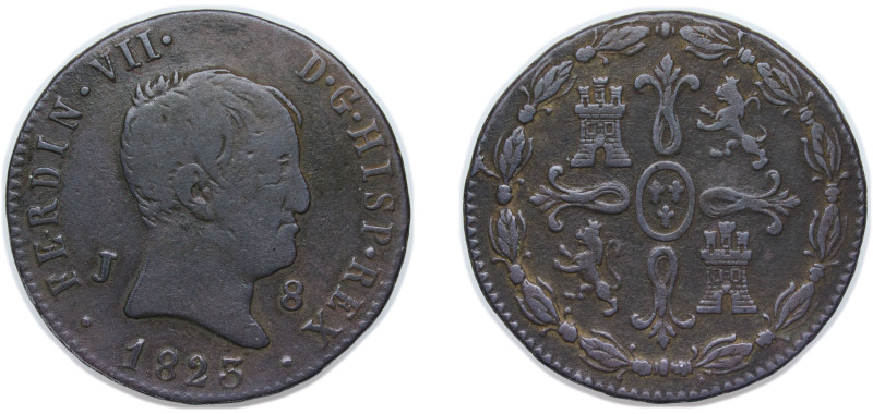 Spain Kingdom 1825 J 8 Maravedis - Fernando VII (3rd portrait) Copper Jubia Mint...