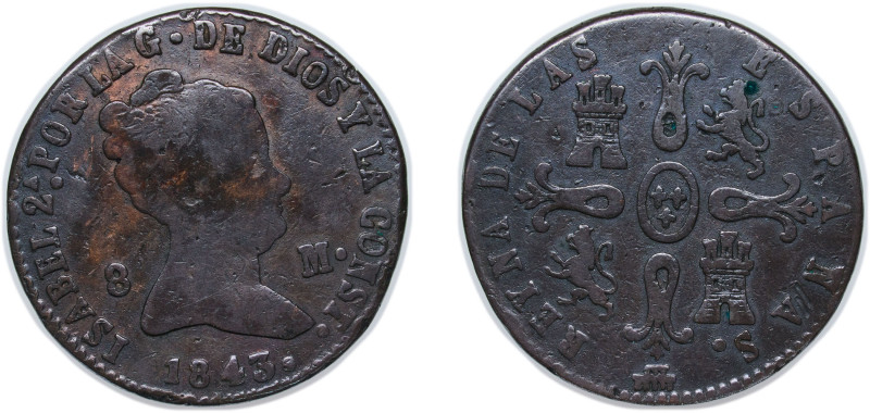 Spain Kingdom 1843 8 Maravedis - Isabel II (Constitutional) Copper Segovia Mint ...