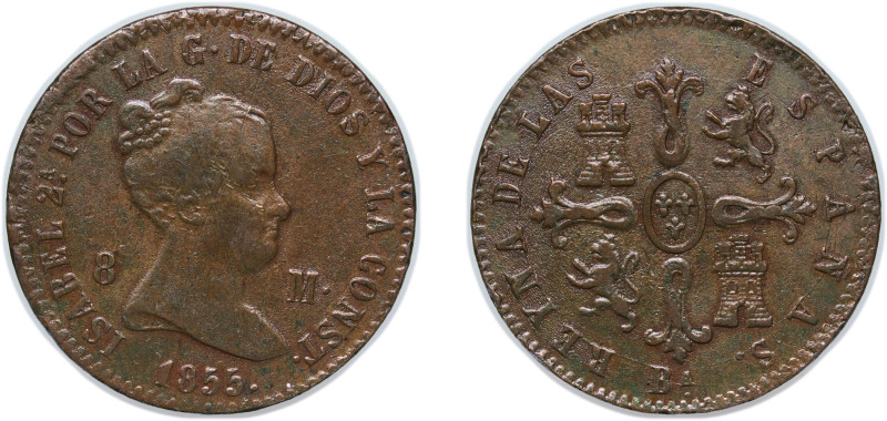 Spain Kingdom 1855 BA 8 Maravedis - Isabel II (Constitutional) Copper Barcelona ...