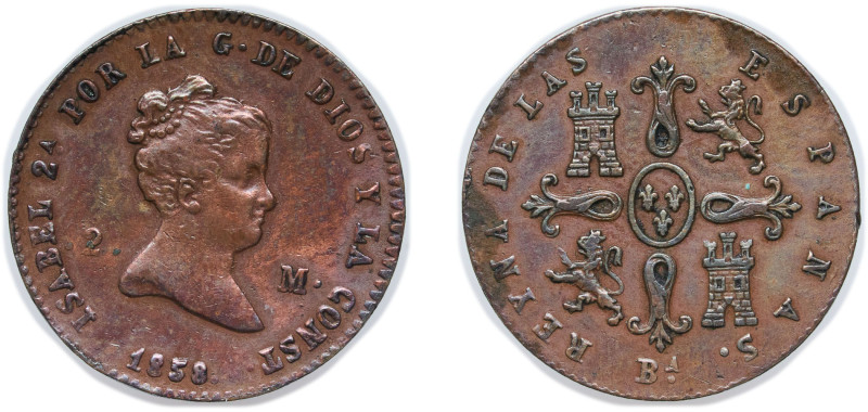 Spain Kingdom 1858 BA 2 Maravedis - Isabel II Copper Barcelona Mint 2.3g AU KM 5...