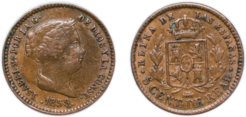 Spain Kingdom 1859 5 Centimos de Real - Isabel II Copper Segovia Mint 2g VF KM 6...