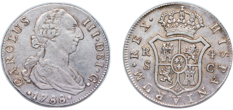 Spain Kingdom 1788 S C 4 Reales - Carlos III Silver (.903) Seville Mint 13.4g XF...