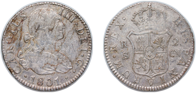 Spain Kingdom 1801 S CN 2 Reales - Carlos IV Silver (.806) Seville Mint 6g XF KM...