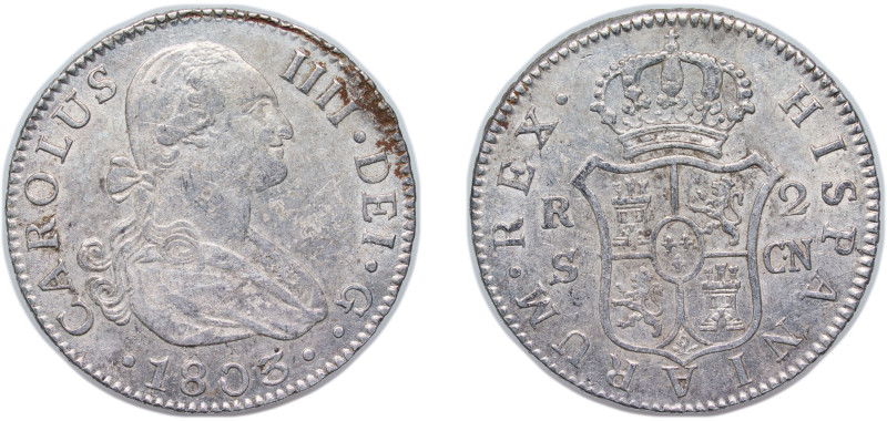 Spain Kingdom 1803 S CN 2 Reales - Carlos IV Silver (.806) Seville Mint 5.8g AU ...