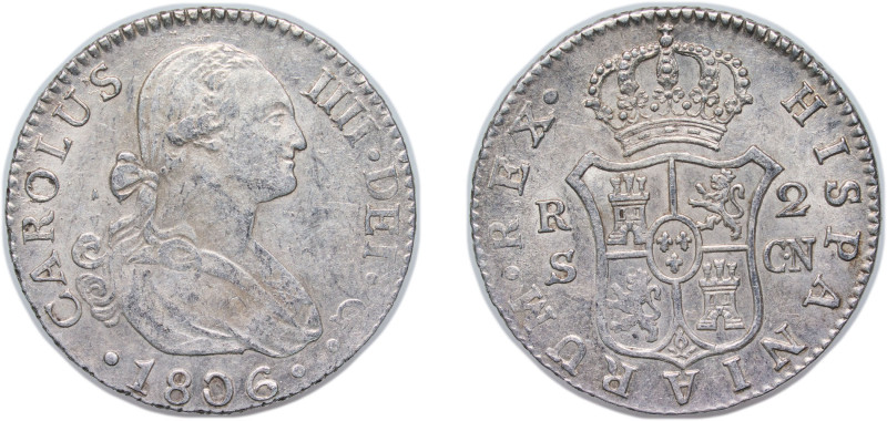 Spain Kingdom 1806 S CN 2 Reales - Carlos IV Silver (.806) Seville Mint 6g AU KM...