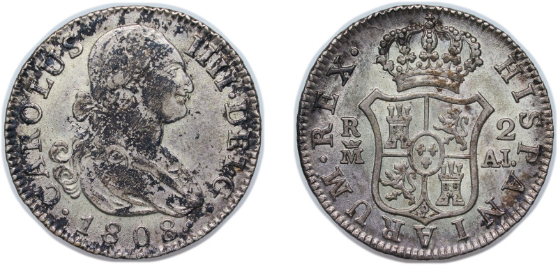 Spain Kingdom 1808 M AI 2 Reales - Carlos IV Silver (.806) Madrid Mint 5.8g UNC ...