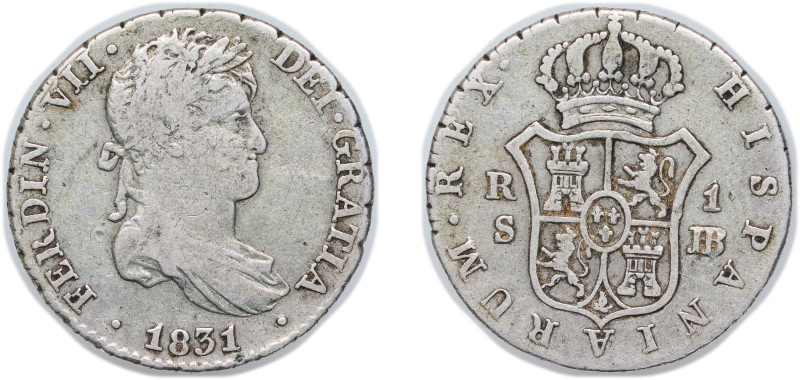 Spain Kingdom 1831 S JB 1 Real - Fernando VII Silver (.812) Seville Mint 2.9g VF...