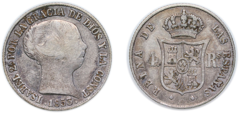 Spain Kingdom 1853 4 Reales - Isabel II Silver (.900) Seville Mint 5.1g VF KM 60...