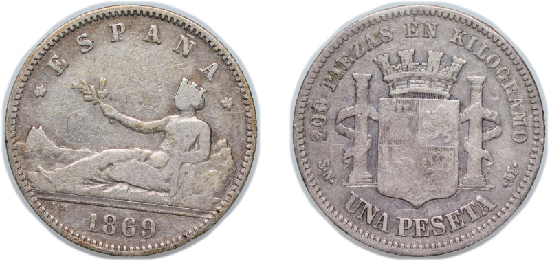 Spain Kingdom 1869 SNM 1 Peseta - Provisional Government (ESPAÑA) Silver (.835) ...