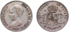 Spain Kingdom 1888 * 18-88 MPM 5 Pesetas - Alfonso XIII (1st portrait) Silver (.900) Madrid Mint (10643900) 25.1g XF KM 689