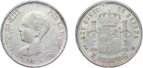 Spain Kingdom 1891 *18-91 PGL 5 Pesetas - Alfonso XIII (1st portrait) Contemporary counterfeit Silver Seville Mint 24.8g UNC