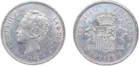 Spain Kingdom 1892 *18-92 PGM 5 Pesetas - Alfonso XIII (2nd portrait) Silver (.900) Madrid Mint (7000000) 25.1g UNC KM 700