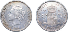 Spain Kingdom 1892 *18-92 PGM 5 Pesetas - Alfonso XIII (2nd portrait) Silver (.900) Madrid Mint (7000000) 25.1g XF KM 700