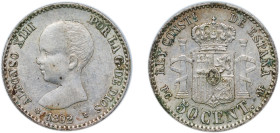 Spain Kingdom 1892 *9-2 PGM 50 Centimos - Alfonso XIII (1st portrait) Silver (.835) Madrid Mint (3953540) 2.4g AU KM 690